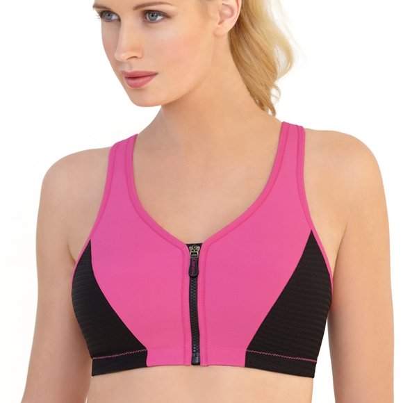 Glamorise SPORT Bra 32D (HIGH-IMPACT) Wicks! (RACERBACK) T-Back Zip-Up PINK New - Picture 4 of 16